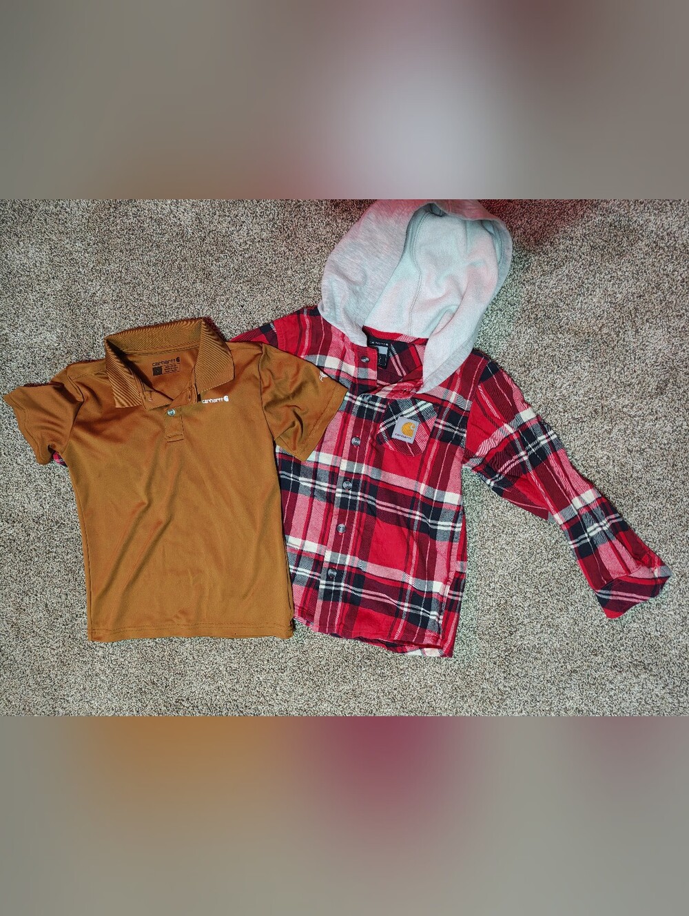 Carhartt Boys Red & Black Plaid Hooded Flannel Shirt And Tan Polo Size 5